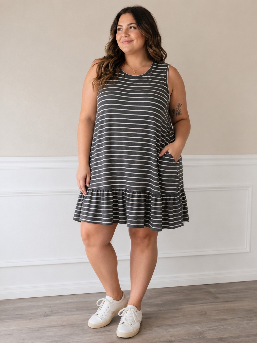 Sonoma Charcoal & White Striped Ruffle-Hem Sleeveless Dress